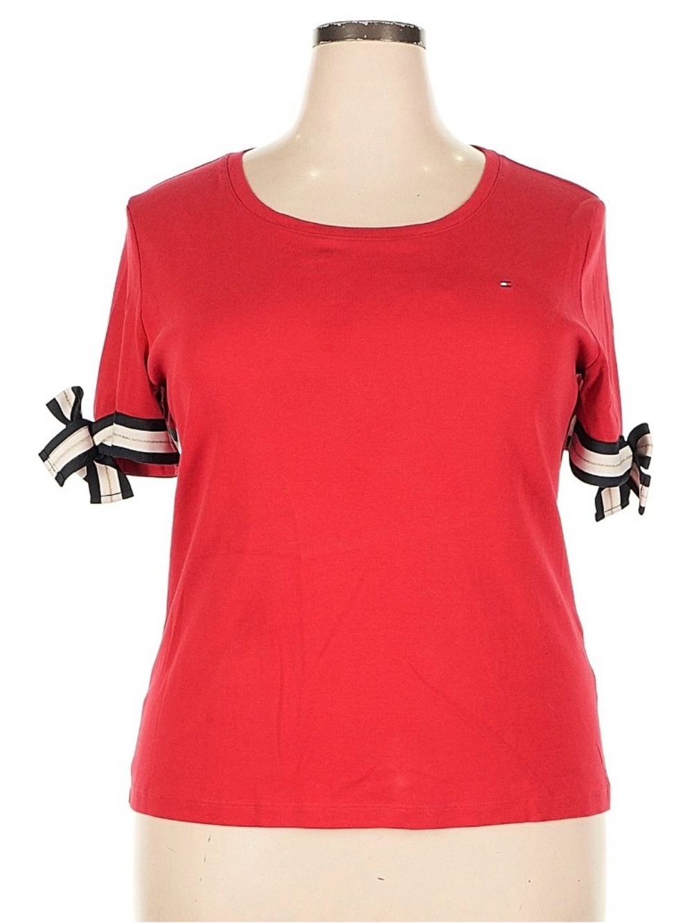Tommy Hilfiger Red Short Sleeve Tee with Striped Tie Sleeves
